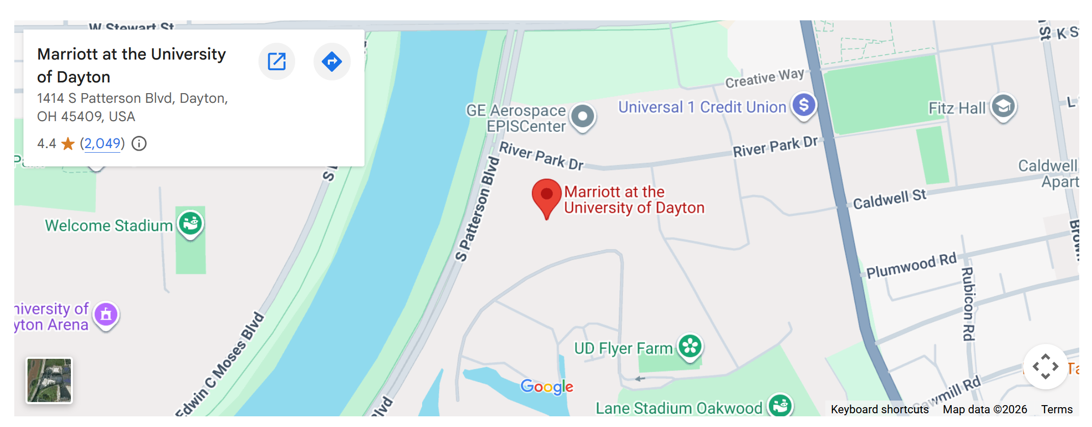 Map of Marriott at the University of Dayton, 1414 S Patterson Blvd, Dayton, OH 45409