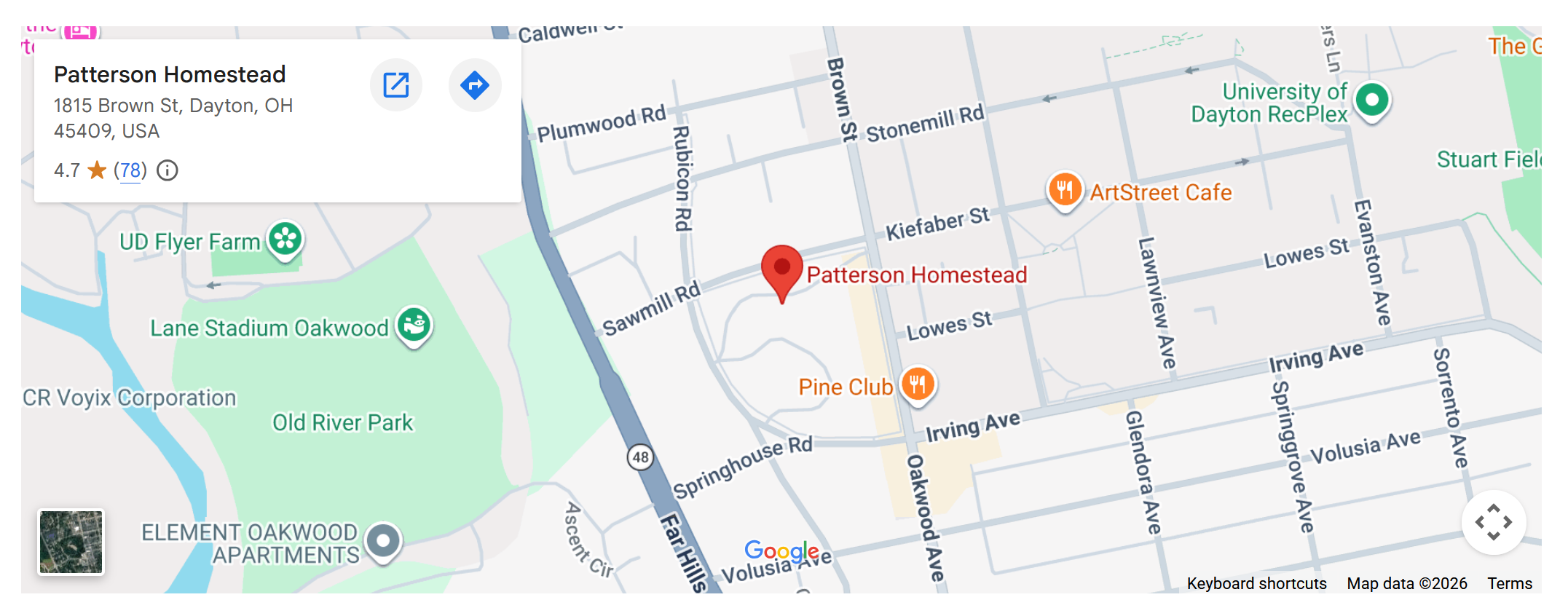Map of Patterson Homestead, 1815 Brown St, Dayton, OH 45409